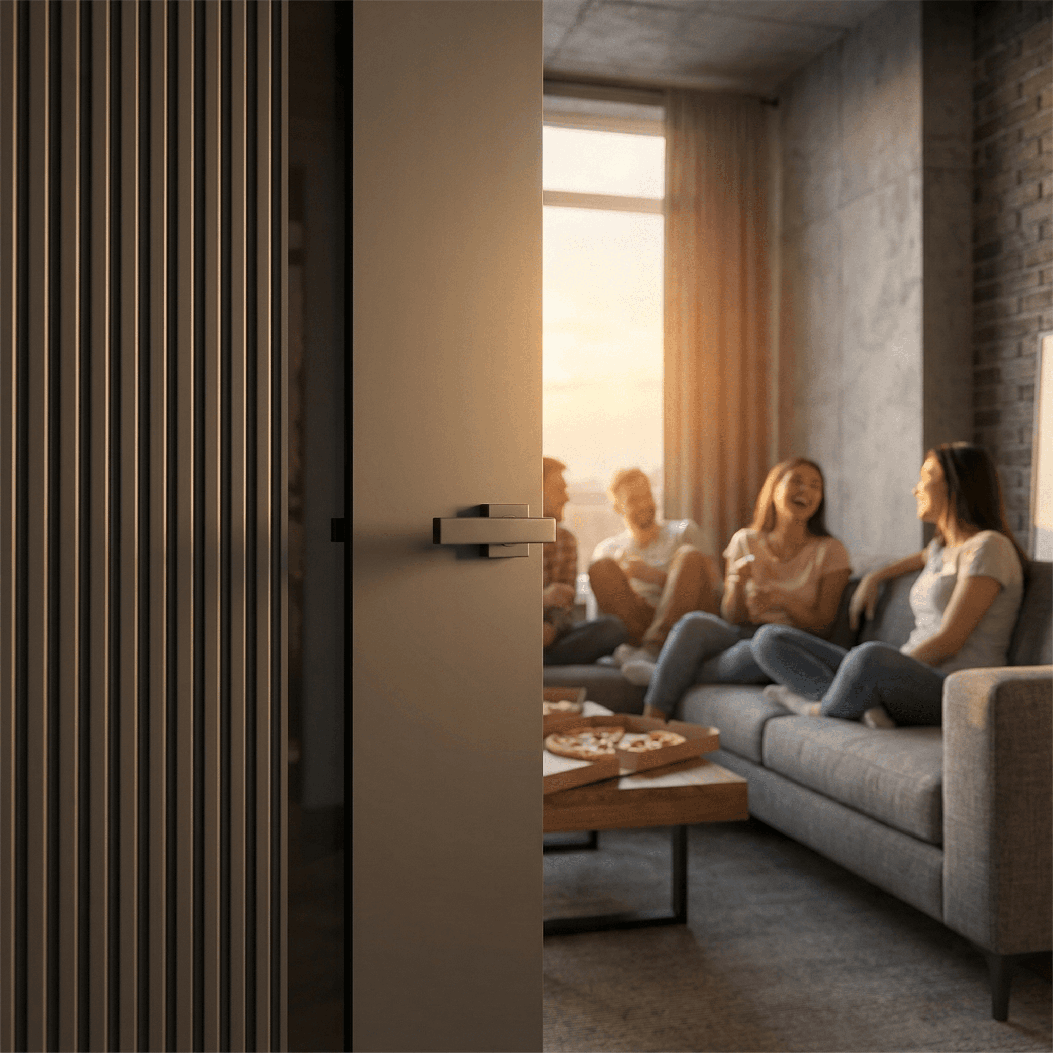 Компания друзей за приоткрытой дверью