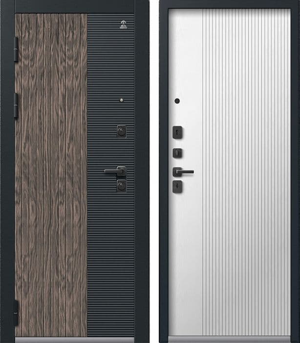 Входная дверь C-110 чёрный муар + кварц чёрный + орех мокко / софт ясень белый