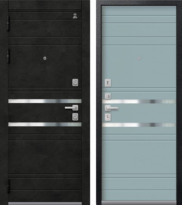 Входная дверь C-109 чёрный муар + бетон тёмный / кашемир аква