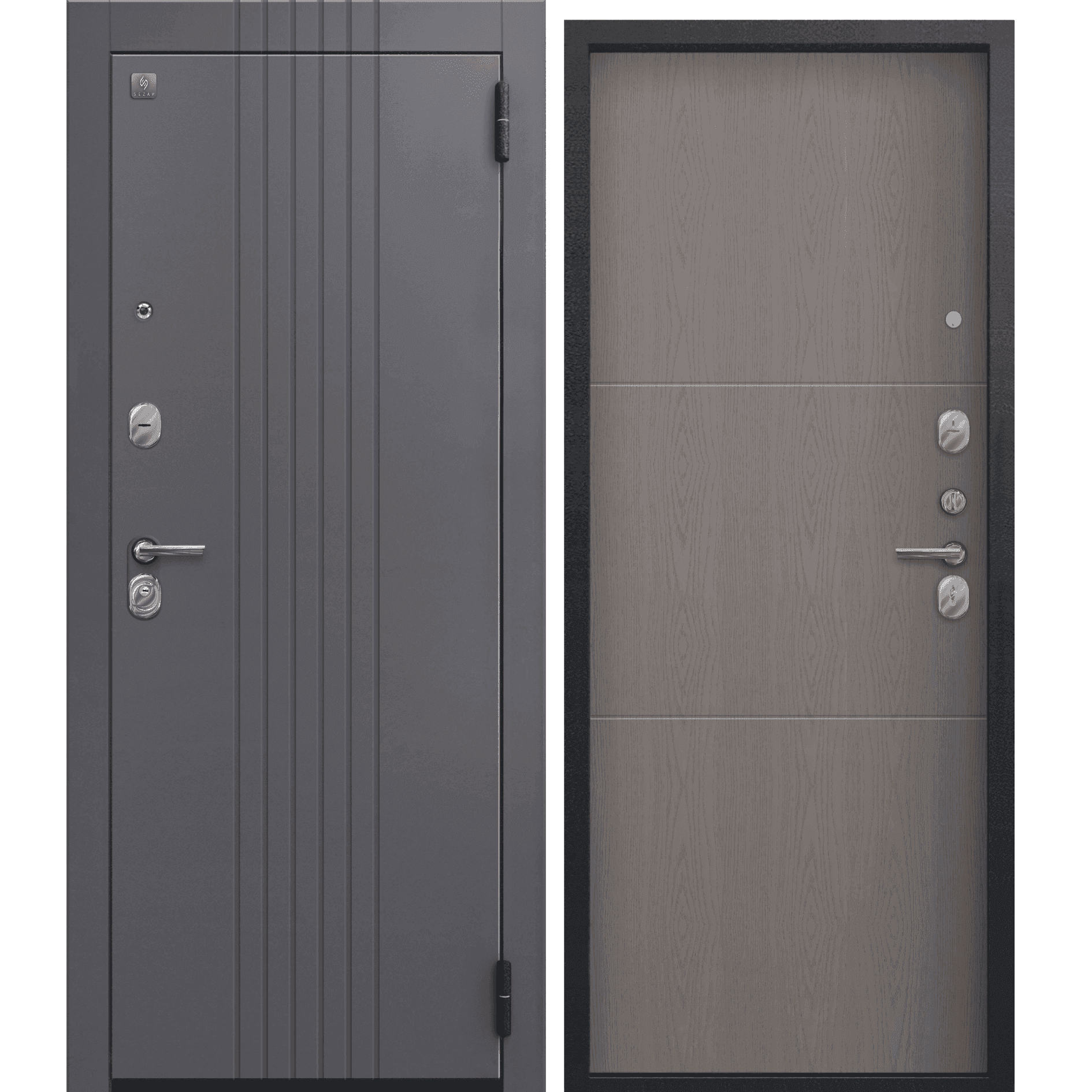 Входная дверь A-12 чёрный муар + кашемир графит / софт ясень грей