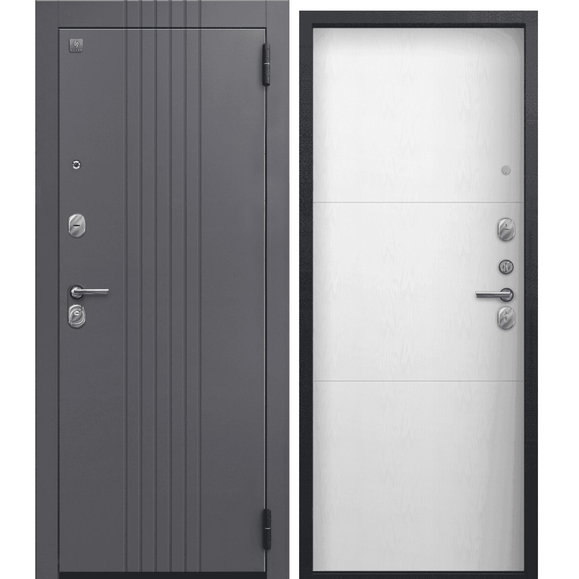 Входная дверь A-12 чёрный муар + кашемир графит / софт ясень белый