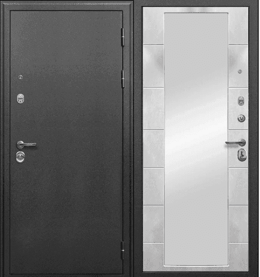 Входная дверь Сотка Серебро Зеркало  антик черное серебро / бетон светлый