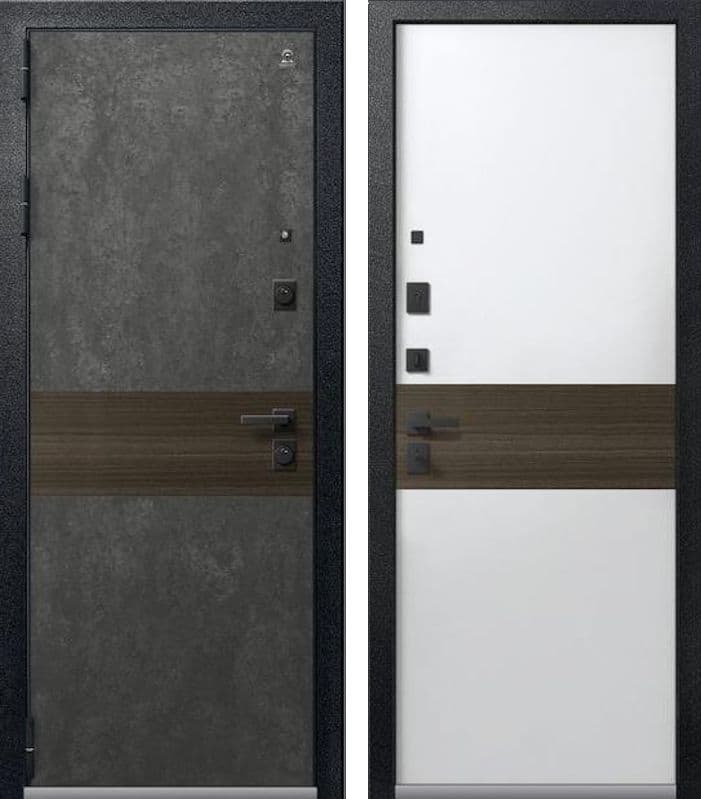 Входная дверь LUX-2 чёрный муар + серый камень + миндаль рифлёный / кашемир белый + миндаль рифлёный