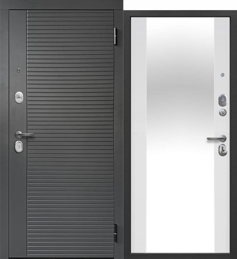 Входная дверь Гарда 2МДФ Линии зеркало графит сатин / белый