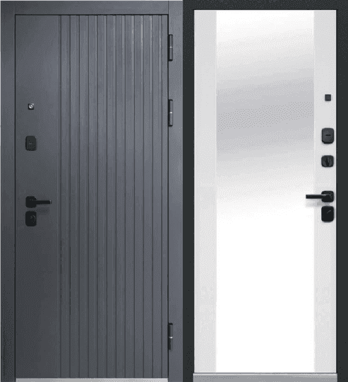 Входная дверь Luxor 2МДФ Вертикаль зеркало графит сатин / белый