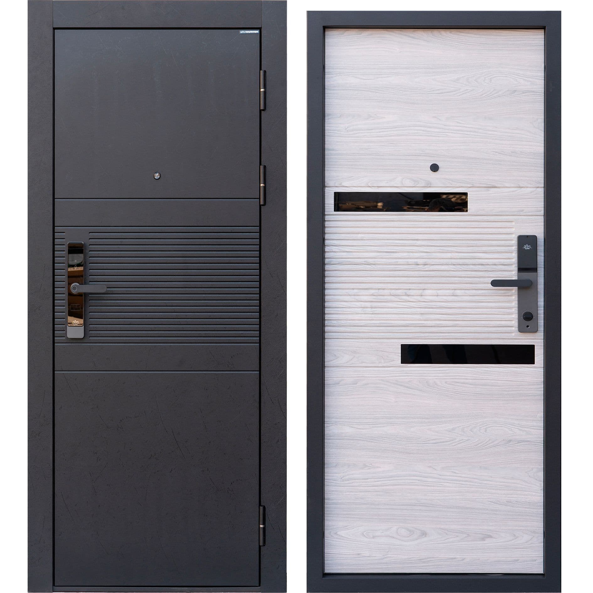 Входная дверь Родина Блэк GM чёрный лофт / вяз каньон айс + чёрный лакобель