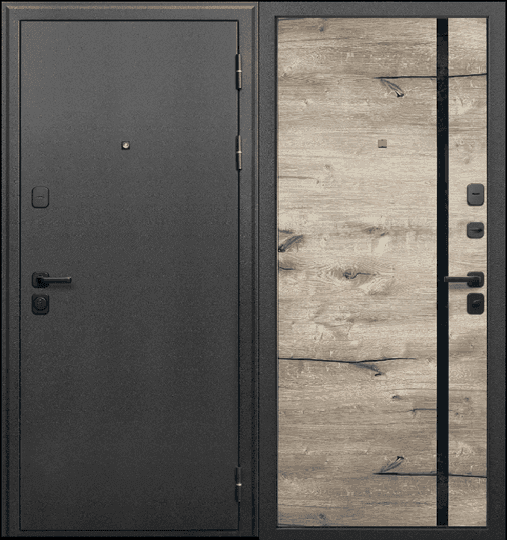 Входная дверь Сотка Серебро Дуб пацифик антик черное серебро / дуб пацифик